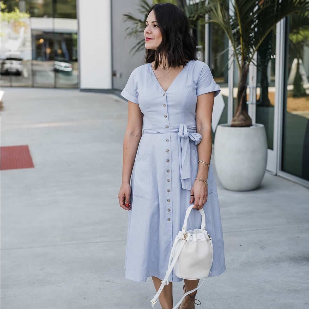 Light Blue Button-Front V-Neck Belted Midi Dress